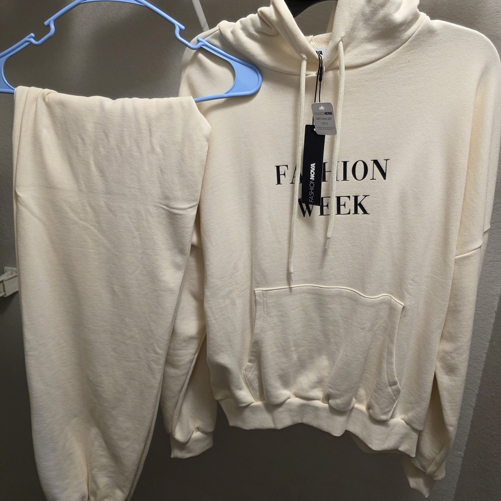 Fashion Nova Cream Hoodie and Sweatpants Set